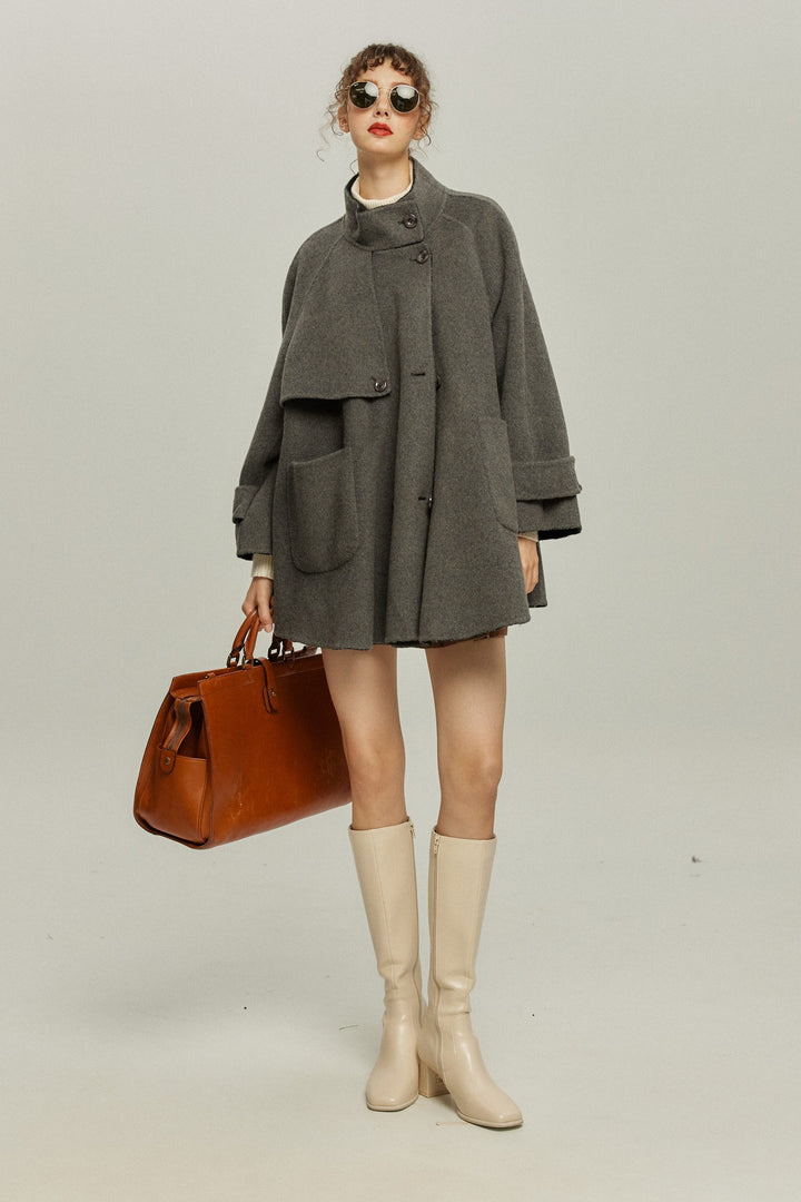 《Are you eating frozen food again? 》2way collar wool blend coat-Gray