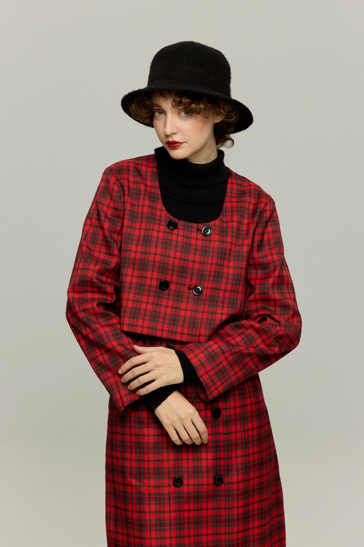《どんな形のパスタ？》ダブルブレストチェックトップス-Red