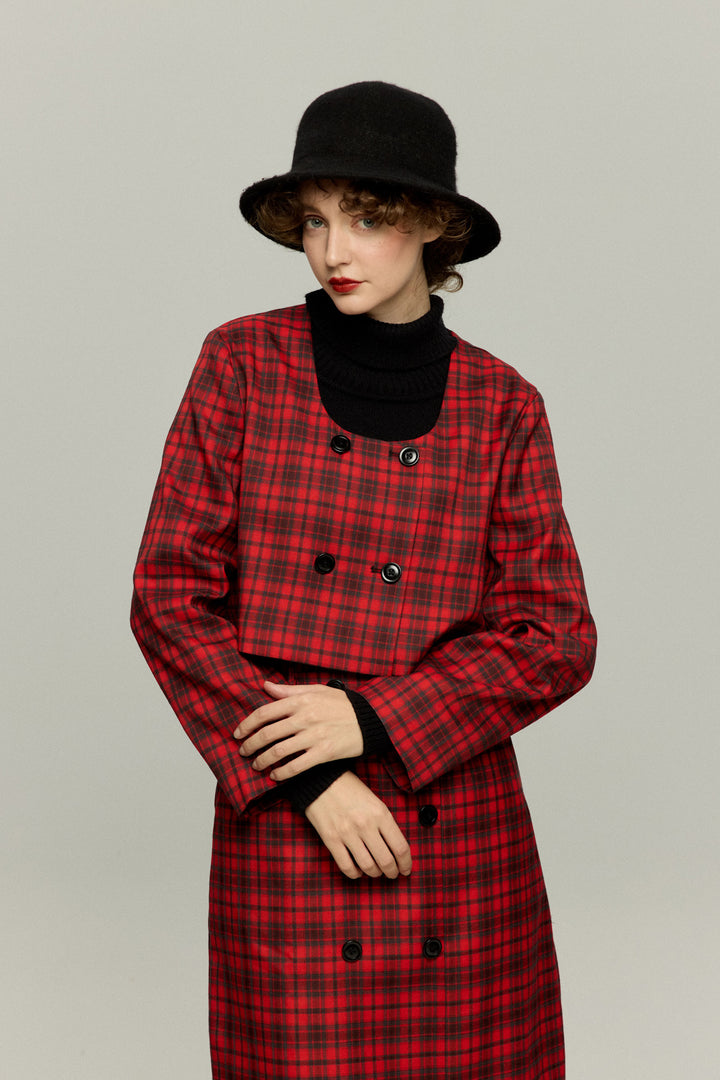 《どんな形のパスタ？》ダブルブレストチェックトップス-Red