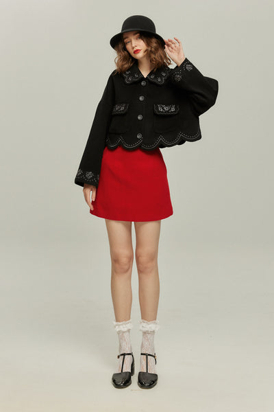 《蝶々になってしまった》スカラップデザインコート-Black