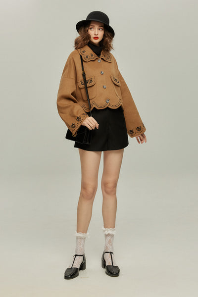 《蝶々になってしまった》スカラップデザインコート-Brown