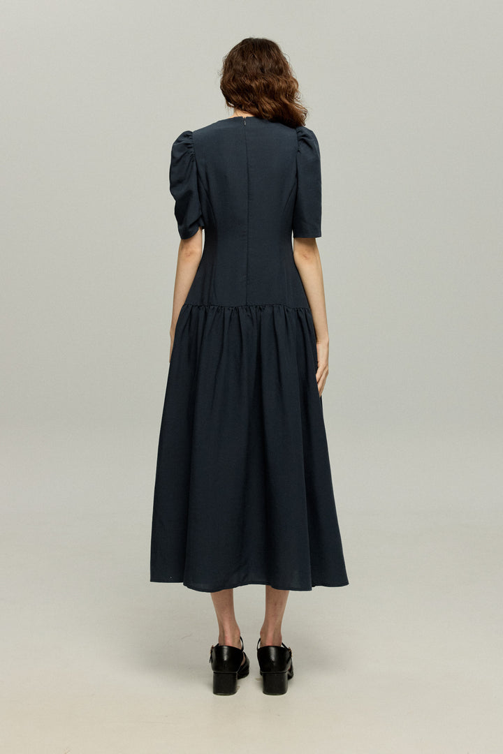 《お耳が長い動物って？》ハイウエストデザインドレス-Navy