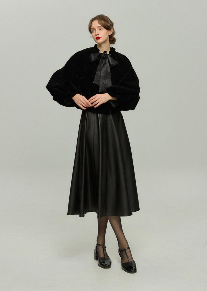 《アルファベット順に並べる》バルーンスリーブリボントップス-Black