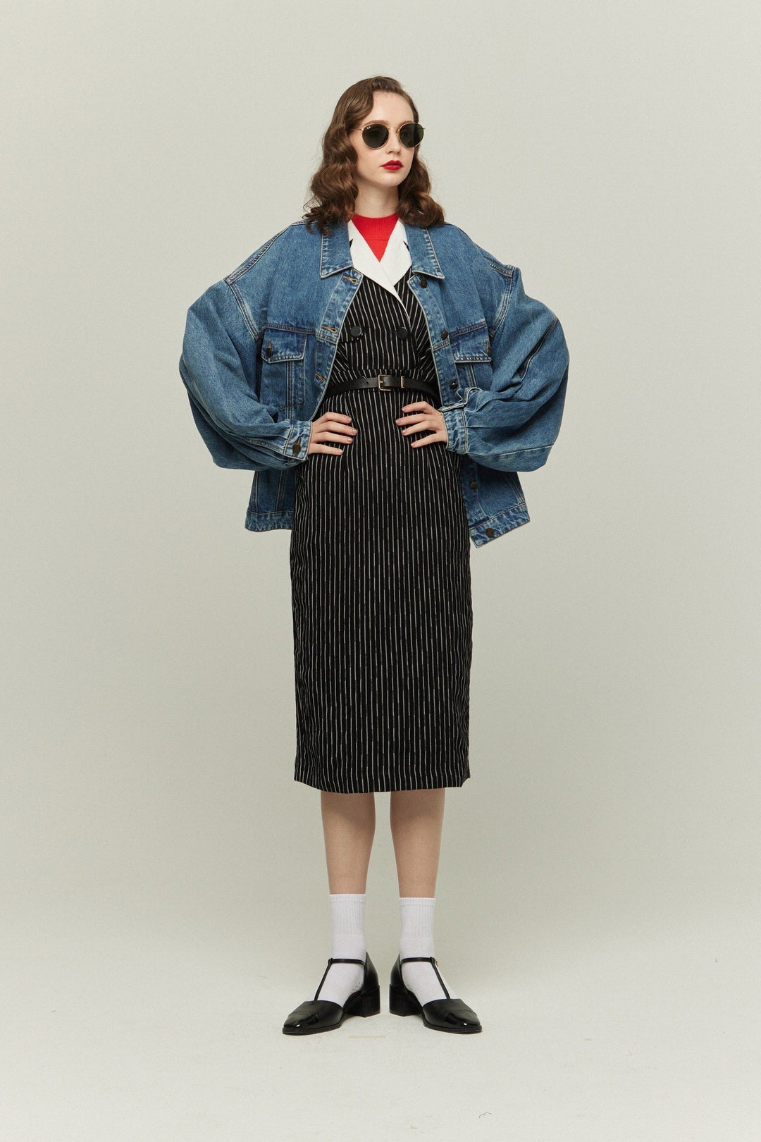 《ジェシカの陰謀》ダブルブレストストライプパターンドレス-White Stripe