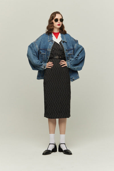 《ジェシカの陰謀》ダブルブレストストライプパターンドレス-White Stripe