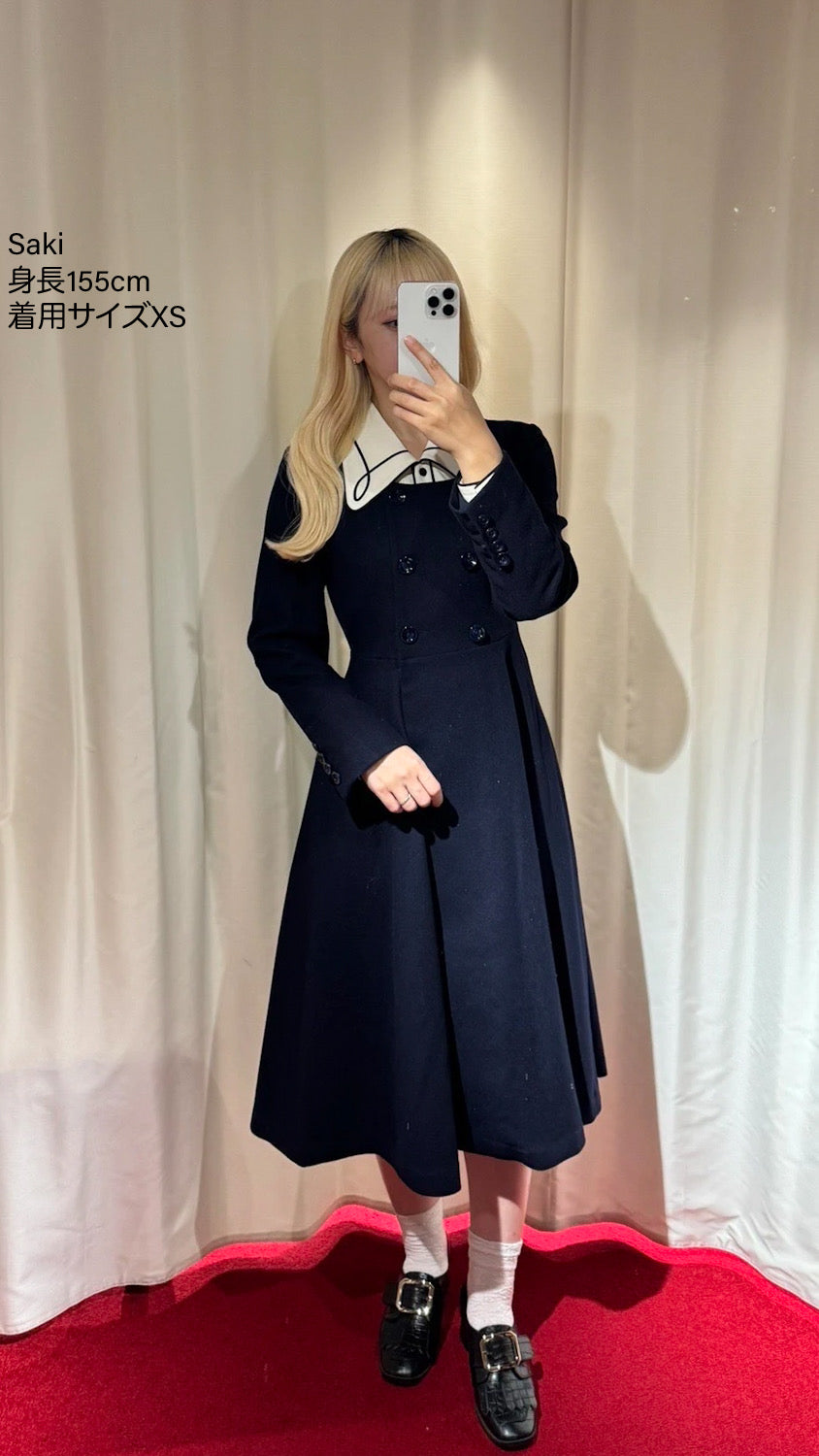 《いつもカウンターに座る彼女》ダブルブレストウールブレンドドレスコート-Navy