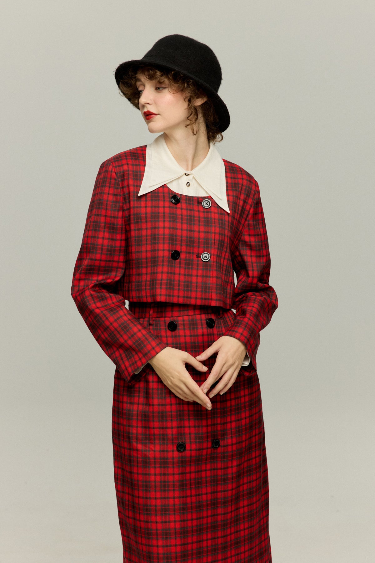 《どんな形のパスタ？》ダブルブレストチェックトップス-Red