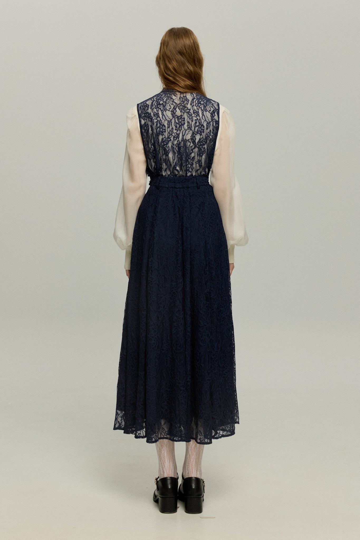 Existing for 100 years] High waist flare lace skirt-Navy – Tnewties