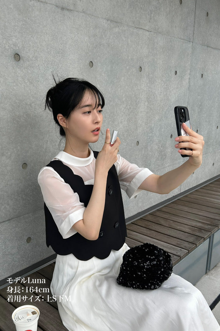 そばかすができた》スカラップデザインダブルブレストベスト-Black