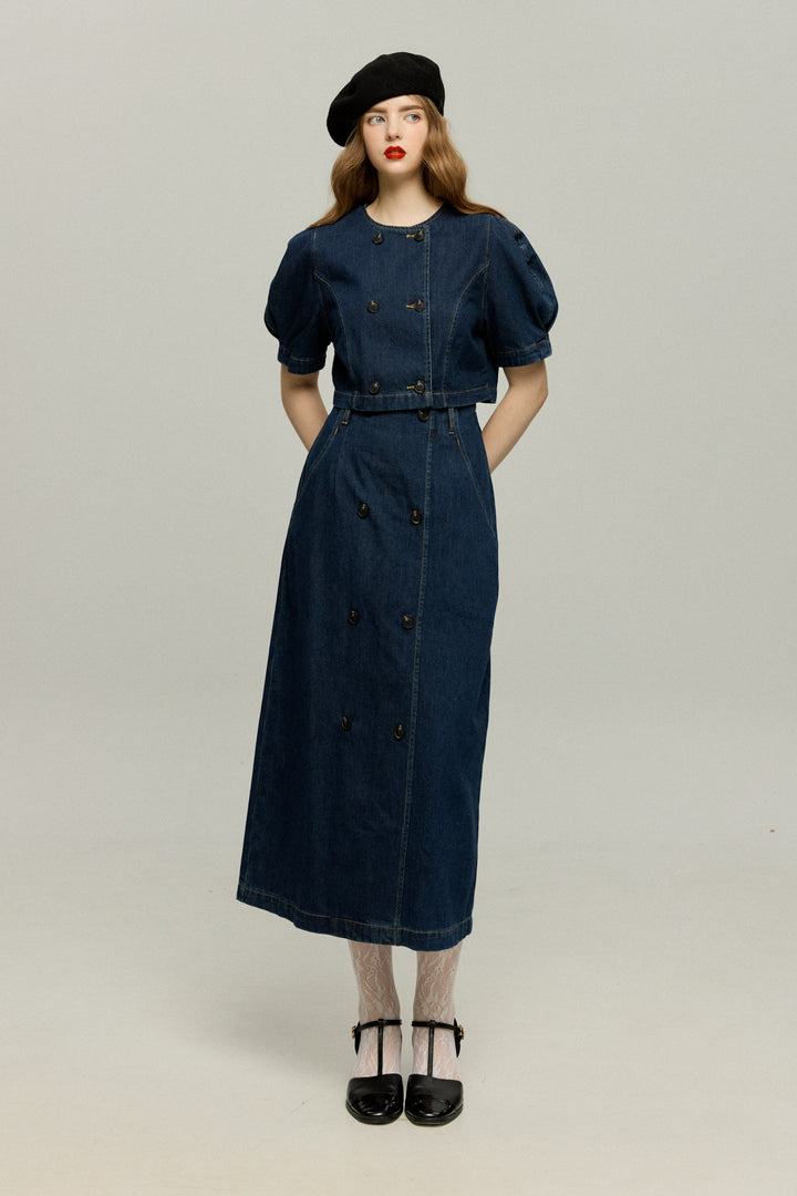 《犬九匹まとめてお散歩中》ダブルブレストハイウエストデニムスカート-Navy