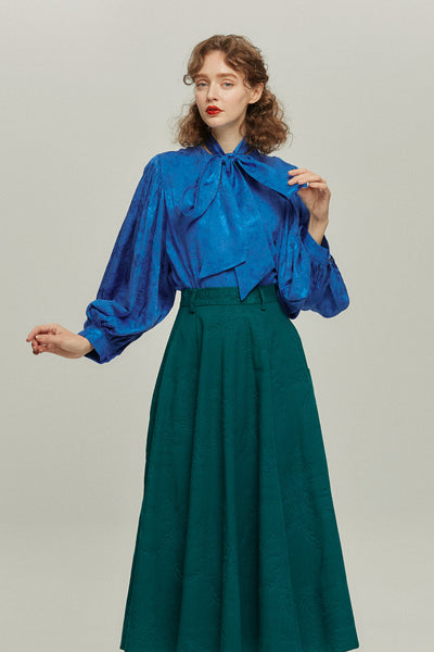 《ソファーにワックスする日》バルーンスリーブリボンタイトップス-Blue