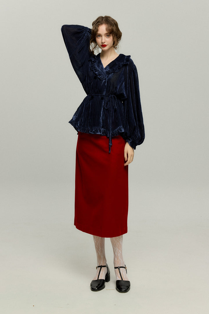 《お城を奪い返しちゃおう》フリルデザインベルベットトップス-Navy