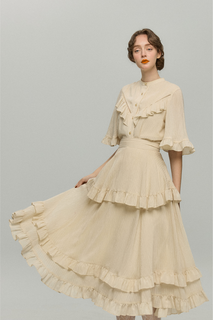月の呪文を唱えて》フレアスリーブフリルブラウス-Ivory – Tnewties