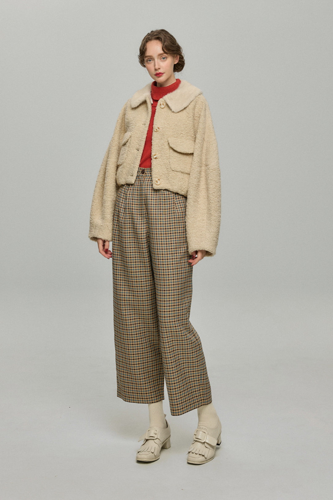 《テディベアの耳をちくちく直す》ハイウエストワイドチェックパンツ-Brown
