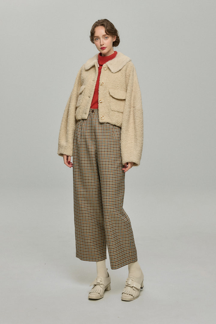 《テディベアの耳をちくちく直す》ハイウエストワイドチェックパンツ-Brown
