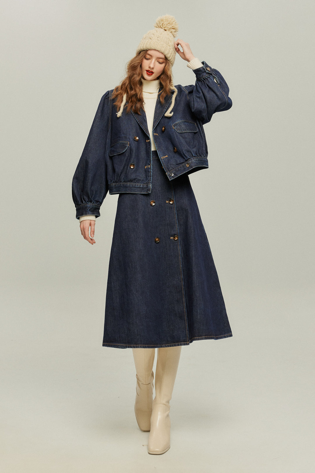 《何階に行きますか？》ダブルブレストデニムスカート-Navy