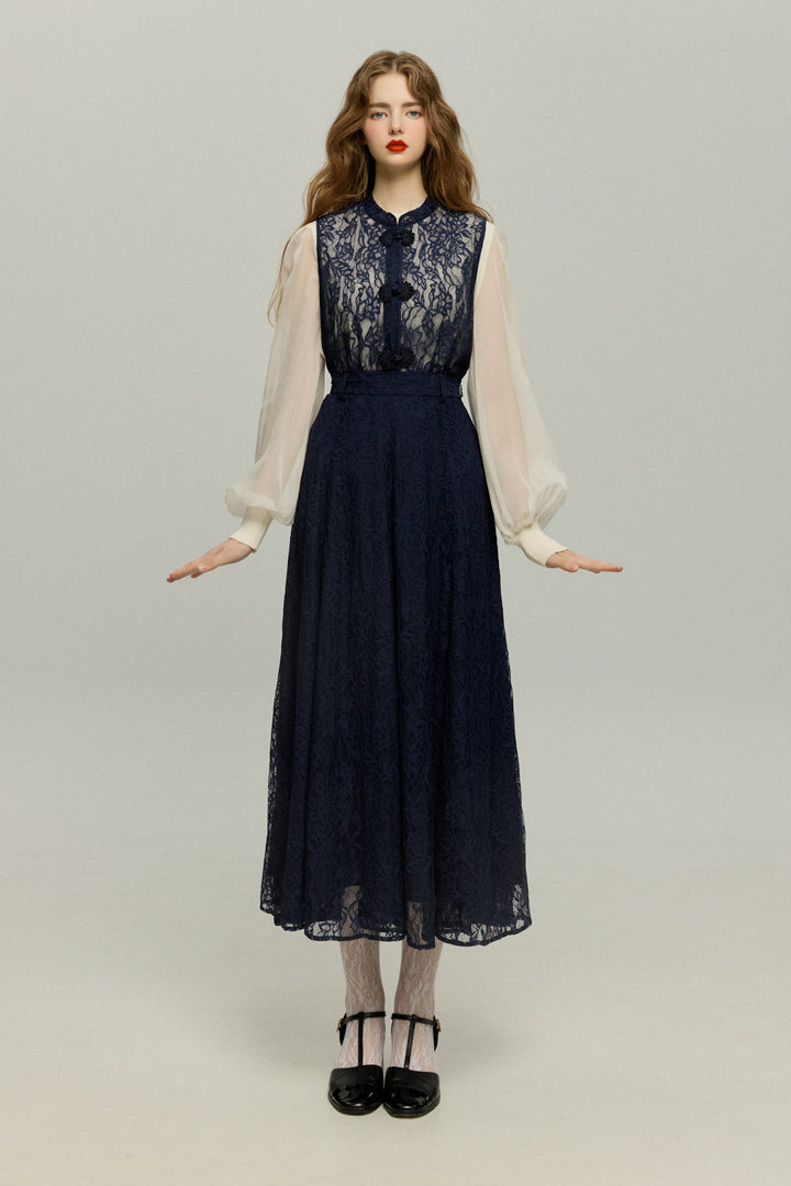 《100年も前からある》チャイナバックルスリーブレストップス-Navy