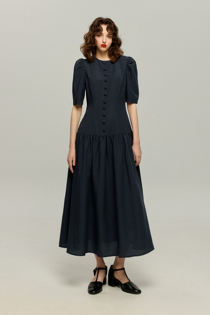 《お耳が長い動物って？》ハイウエストデザインドレス-Navy