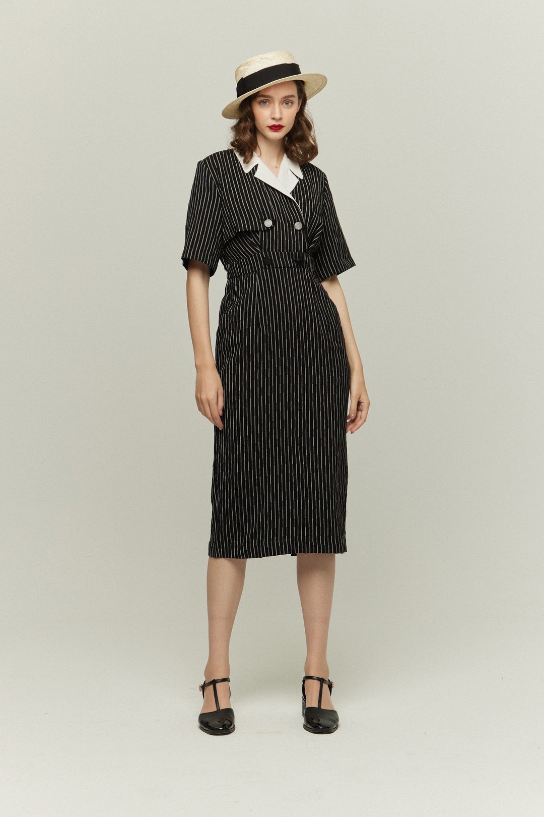 《ジェシカの陰謀》ダブルブレストストライプパターンドレス-White Stripe