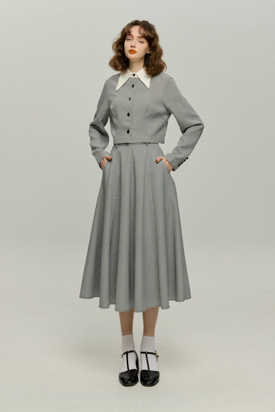 《つい一口食べちゃいました》ハイウエストサーキュラースカート-Houndstooth check