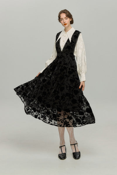 "Tell me a story" Deep V neck dress-Black