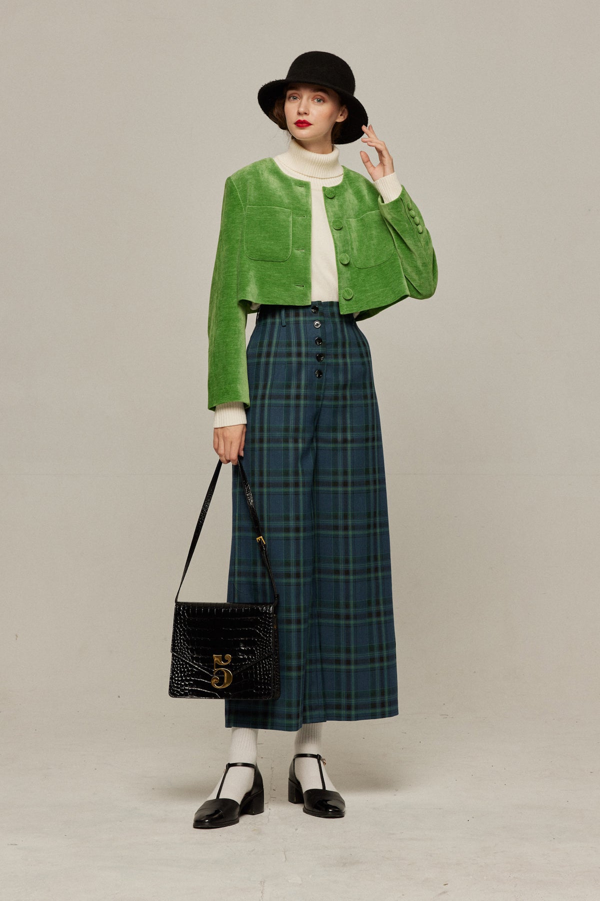 《Bumping into Paul on the street》 High waist wide check pants-Blue green
