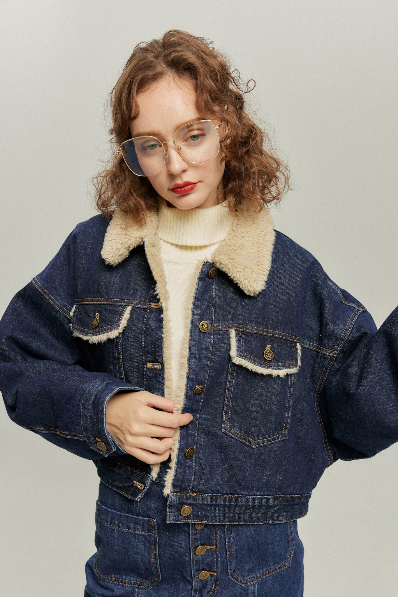 《犬のバルーンアート》ボアデニムジャケット-Navy