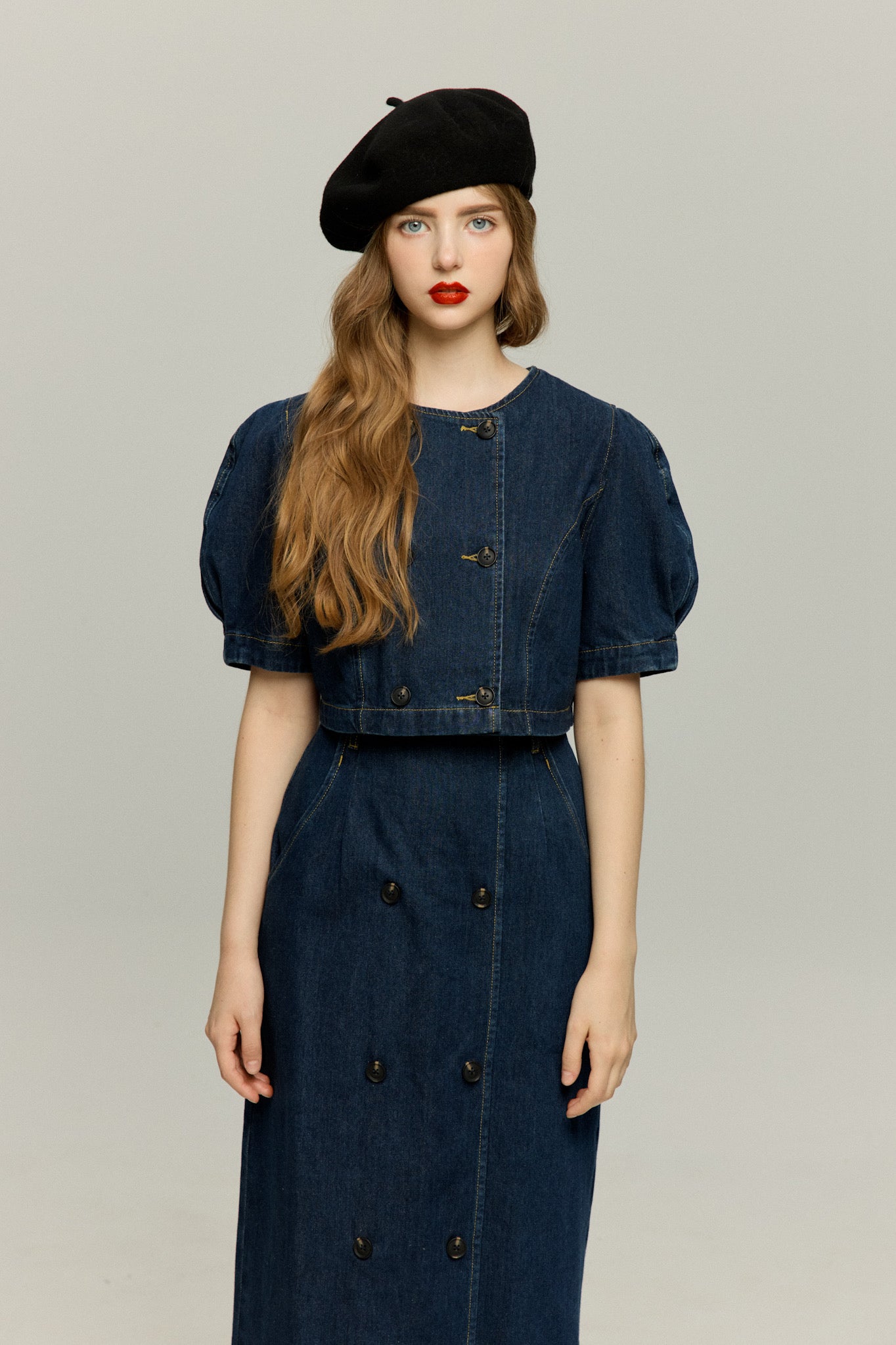 犬九匹まとめてお散歩中》ダブルブレストデニムトップス-Navy – Tnewties