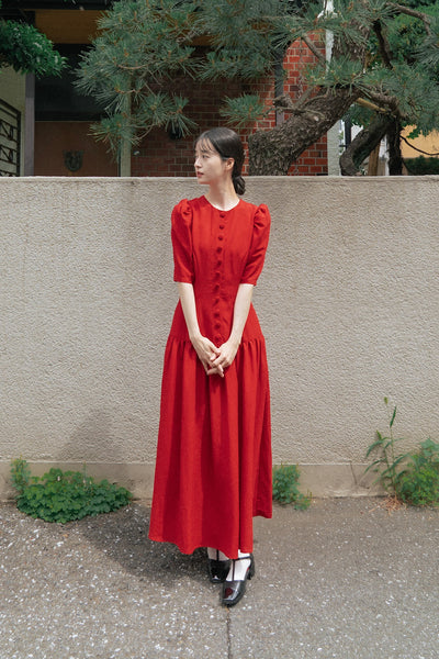《お耳が長い動物って？》ハイウエストデザインドレス-Red