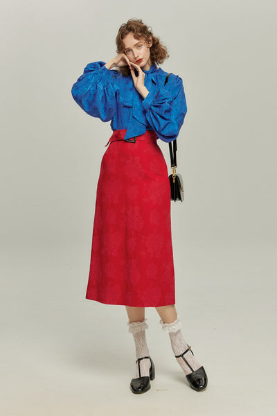 《ソファーにワックスする日》バルーンスリーブリボンタイトップス-Blue