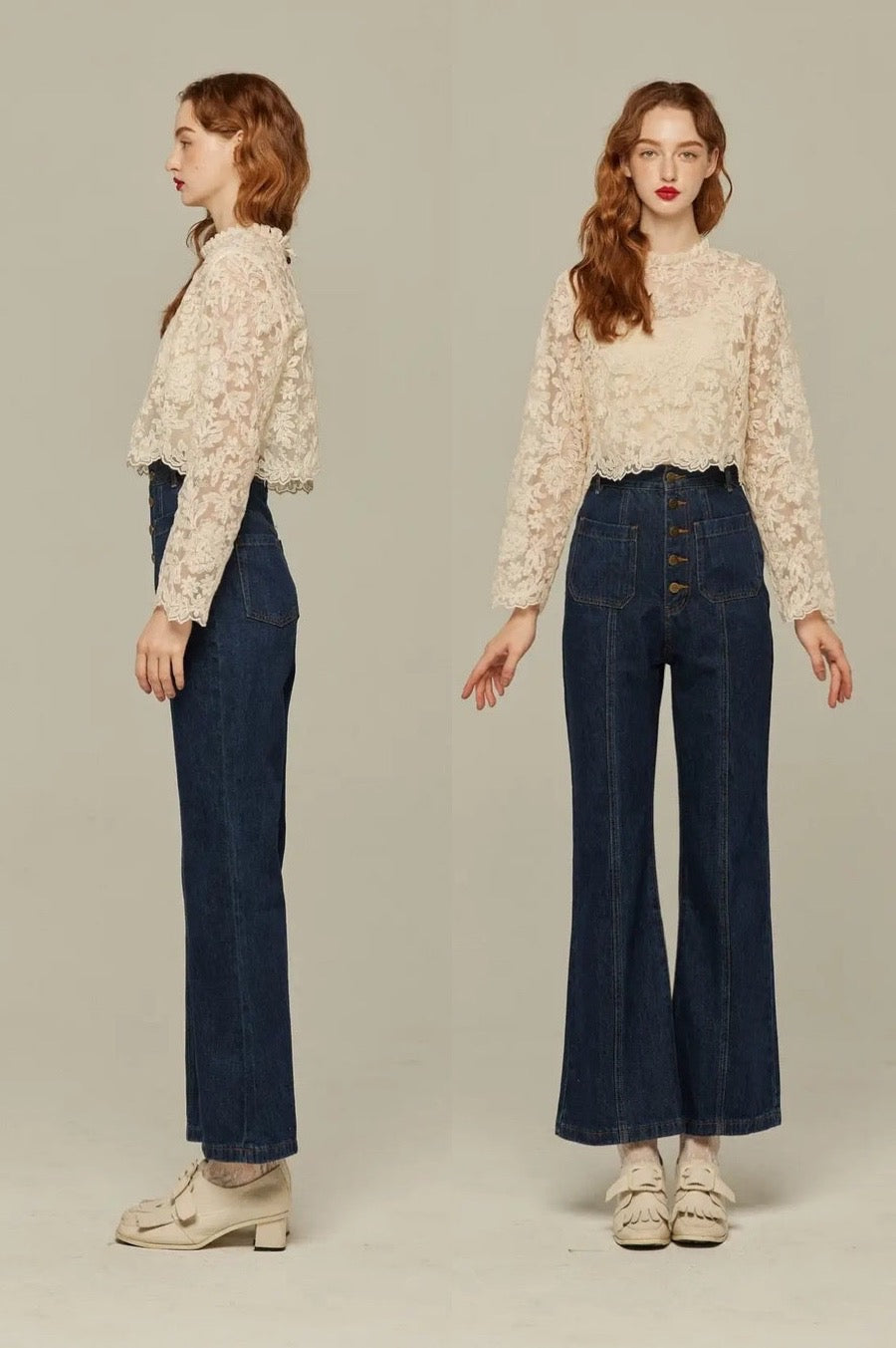 《Annie singing while taking a bath》 Front button high waist denim pants - Navy