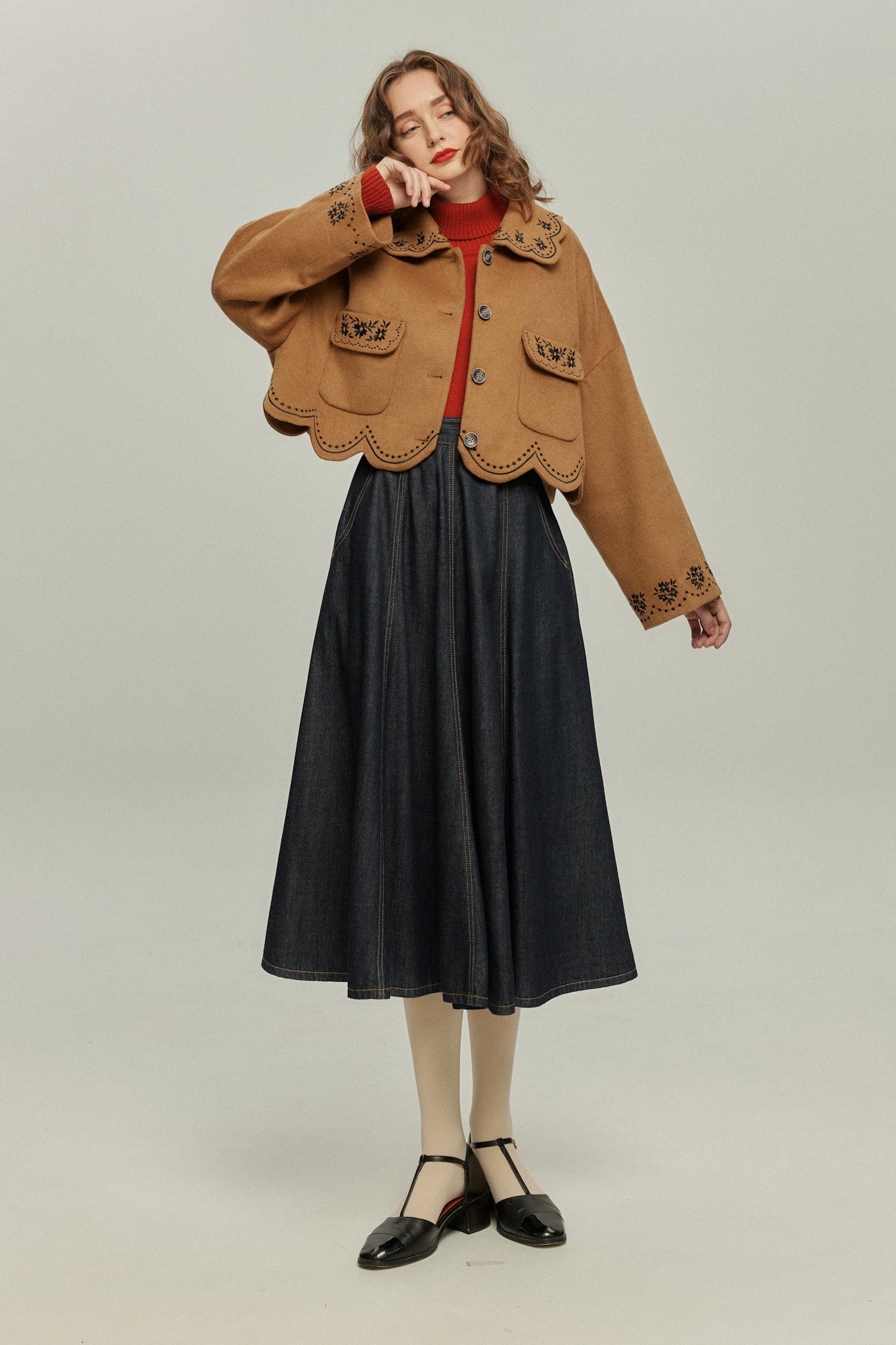 《蝶々になってしまった》スカラップデザインコート-Brown