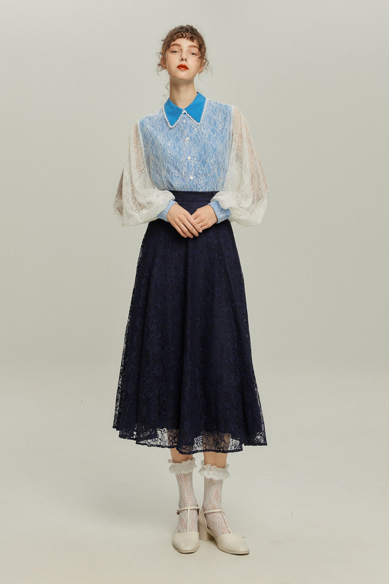 Existing for 100 years] High waist flare lace skirt-Navy – Tnewties