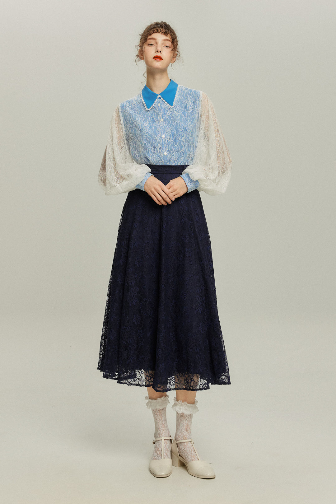 100年も前からある》ハイウエストフレアレーススカート-Navy – Tnewties