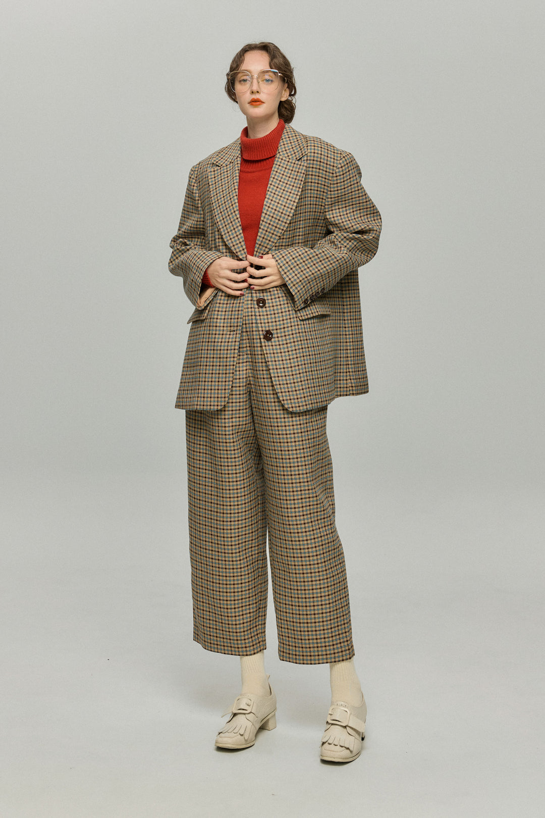《テディベアの耳をちくちく直す》ハイウエストワイドチェックパンツ-Brown
