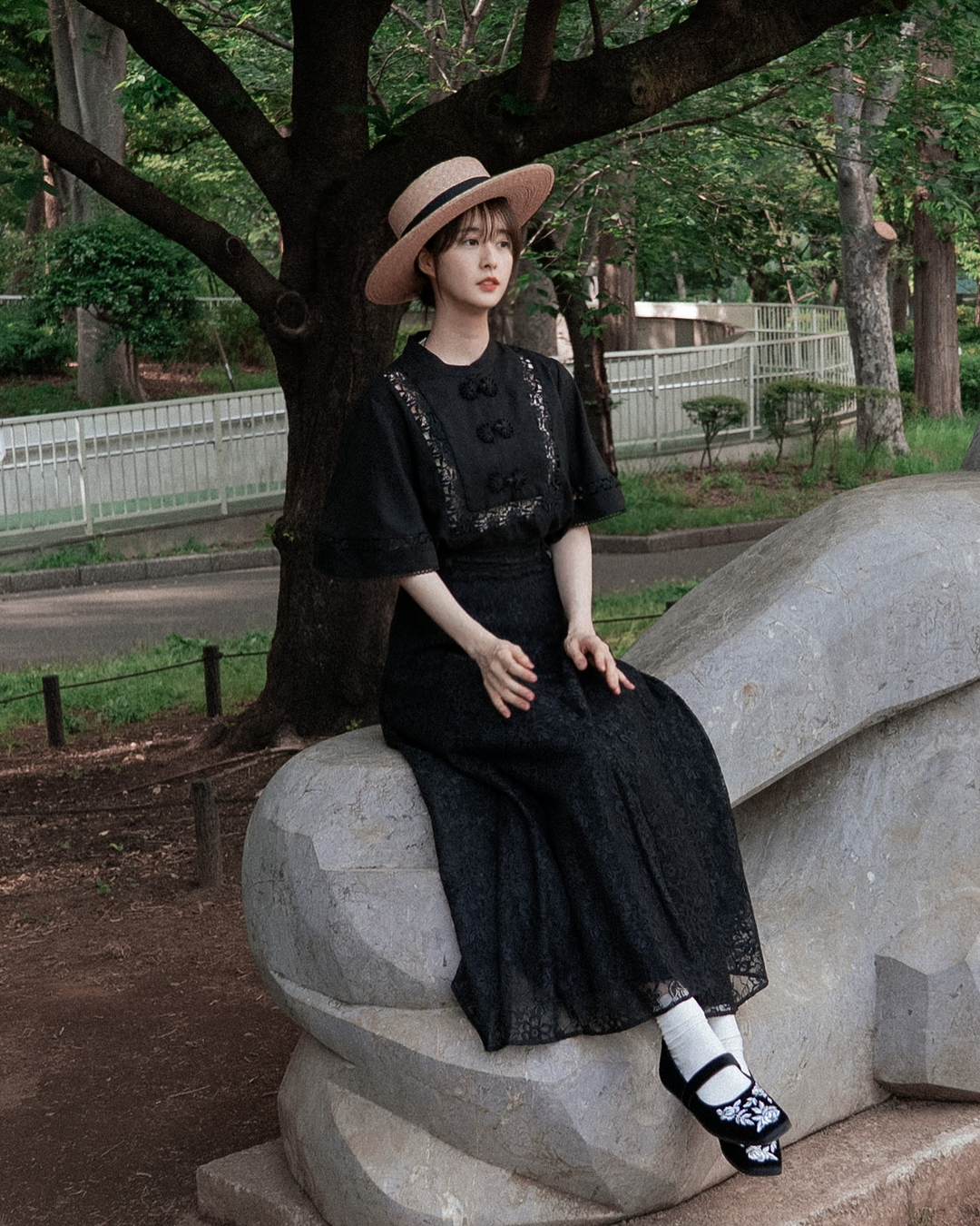 《100年も前からある》ハイウエストフレアレーススカート-Navy