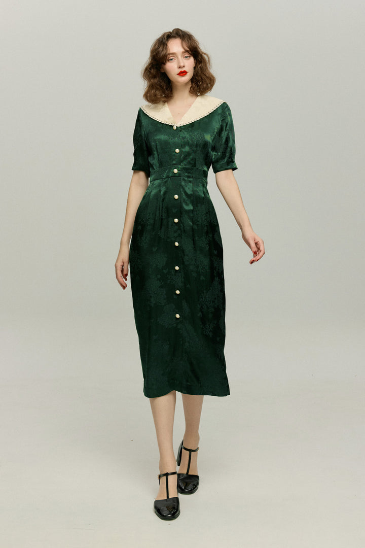 《一籠の包子は何個？》レーストリムジャガードワンピース-Green