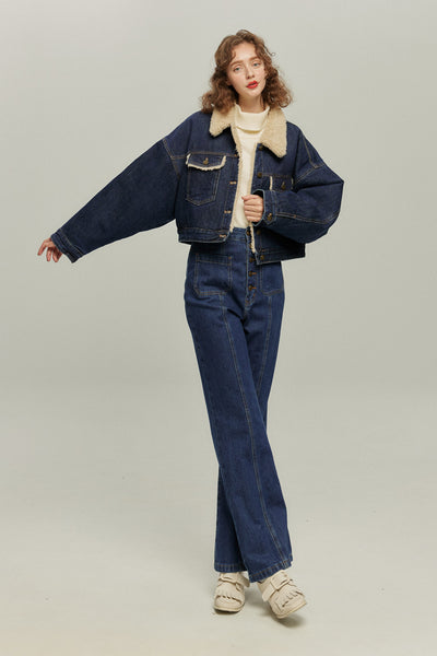 《犬のバルーンアート》ボアデニムジャケット-Navy