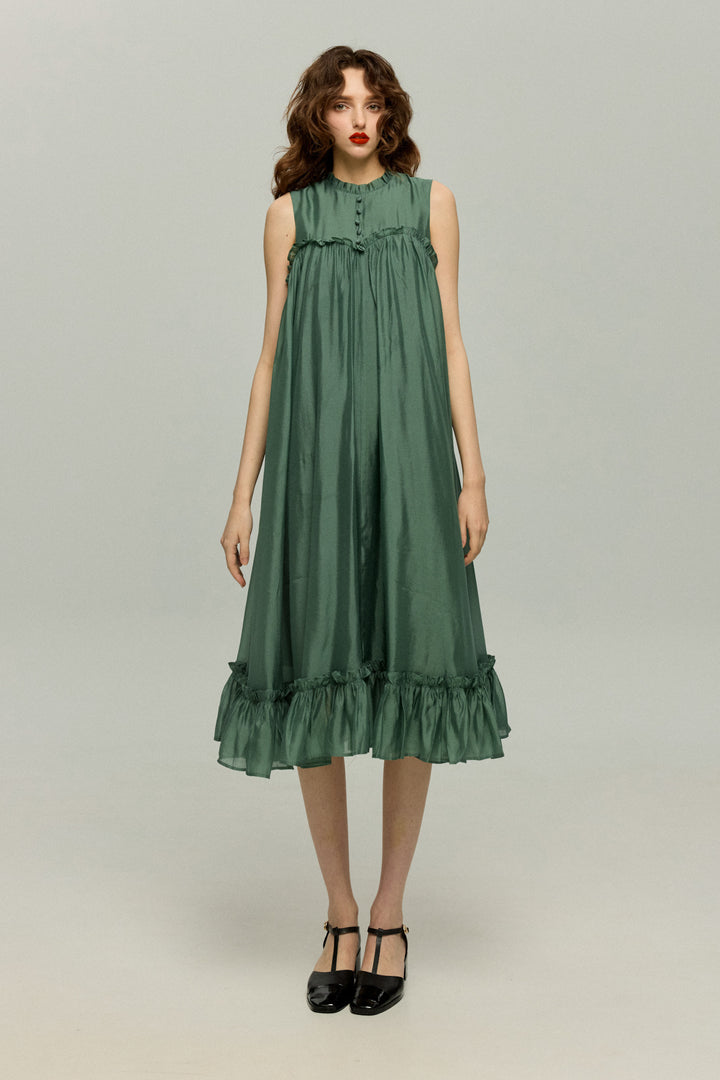 《キラキラ輝く湖面に》ラッフルトリムドレス-Dark green