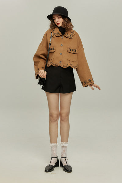 《蝶々になってしまった》スカラップデザインコート-Brown