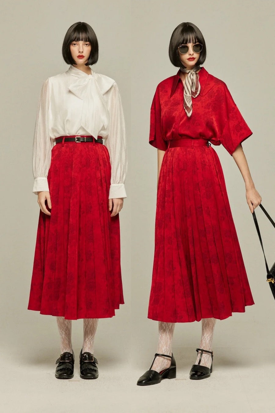 《ステージに花束を投げて》シノワズリハイウエストプリーツスカート-Red