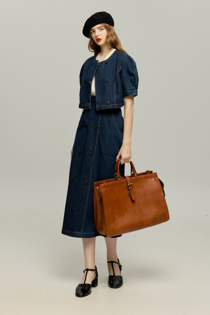《犬九匹まとめてお散歩中》ダブルブレストハイウエストデニムスカート-Navy