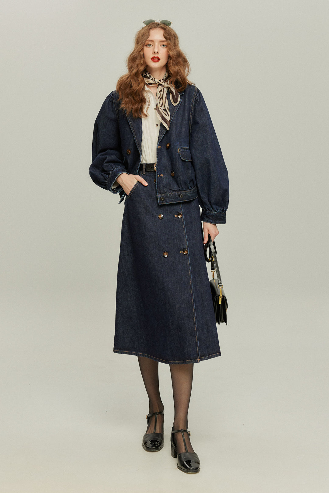 《何階に行きますか？》ダブルブレストデニムスカート-Navy