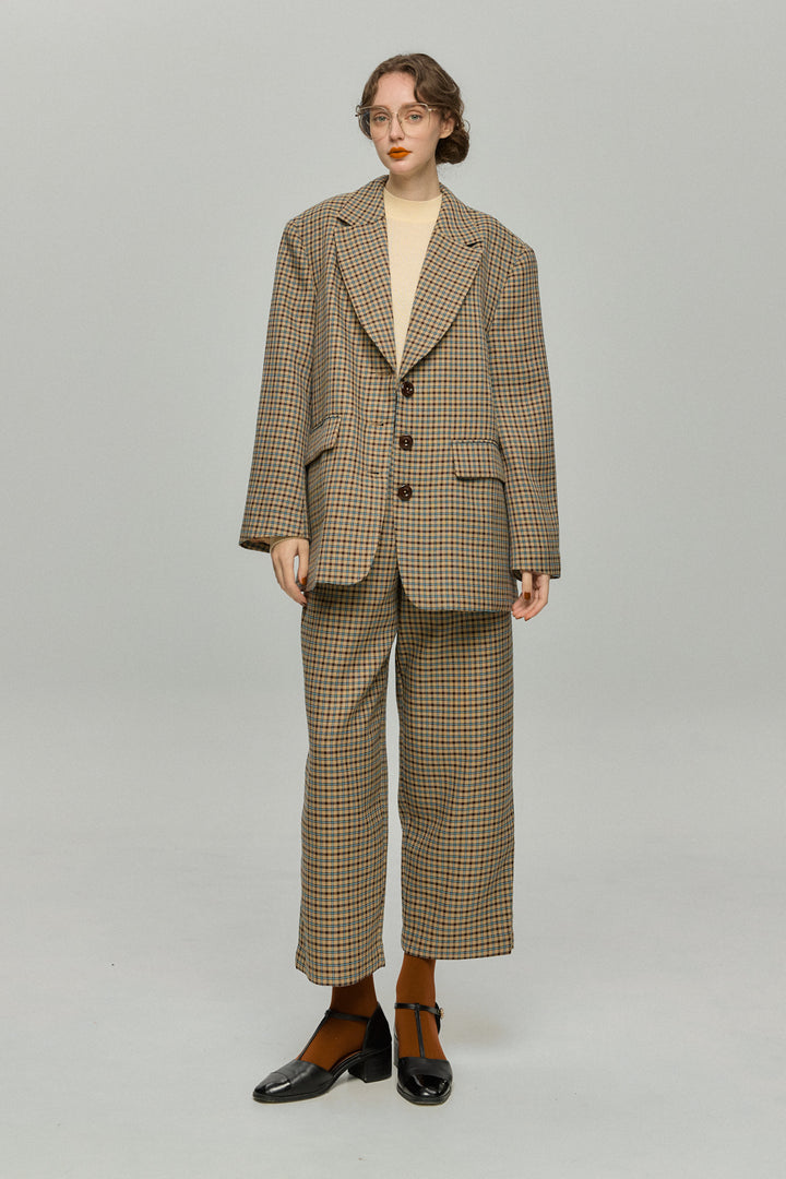 《テディベアの耳をちくちく直す》ハイウエストワイドチェックパンツ-Brown