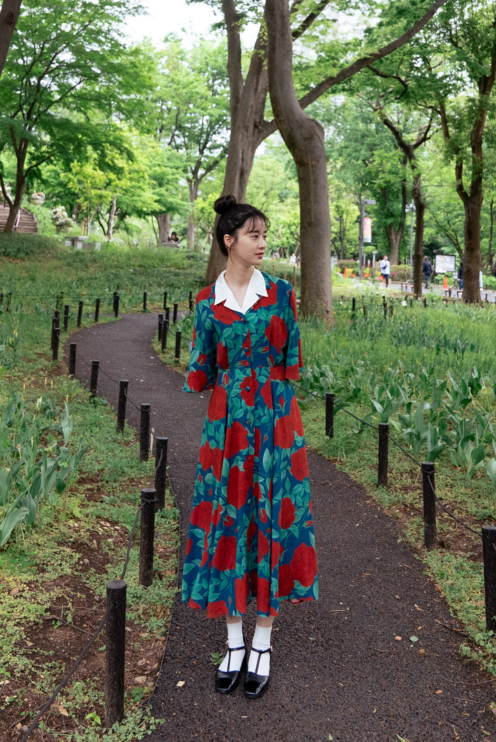 《お花畑でお昼寝》フラワーパターンドレス-Navy