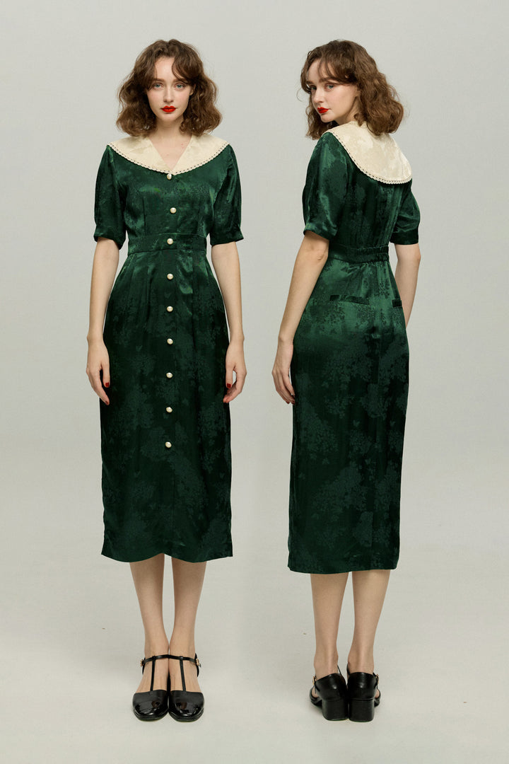 《一籠の包子は何個？》レーストリムジャガードワンピース-Green