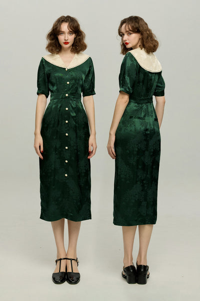 《一籠の包子は何個？》レーストリムジャガードワンピース-Green