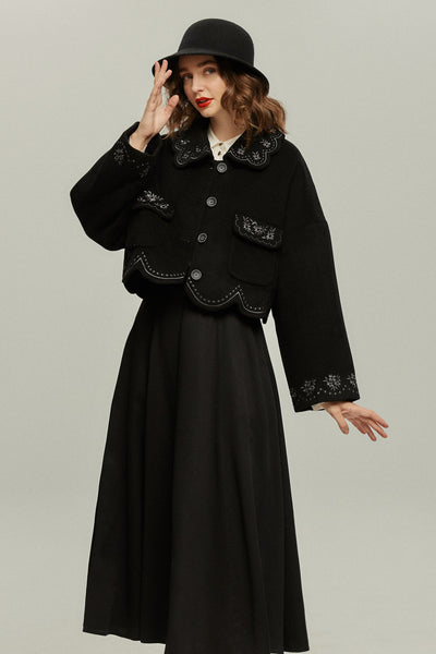 《蝶々になってしまった》スカラップデザインコート-Black