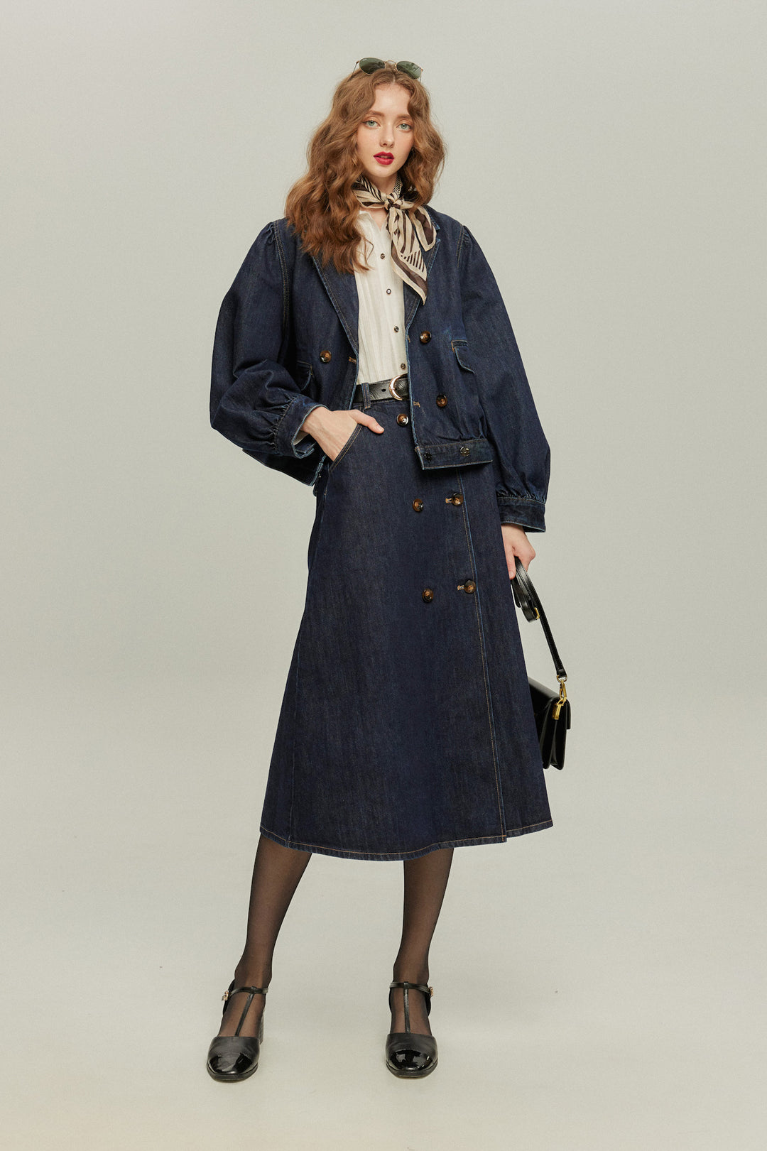 《何階に行きますか？》ダブルブレストデニムスカート-Navy