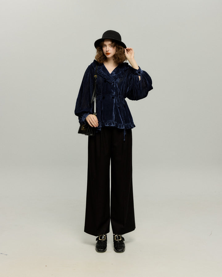 《お城を奪い返しちゃおう》フリルデザインベルベットトップス-Navy